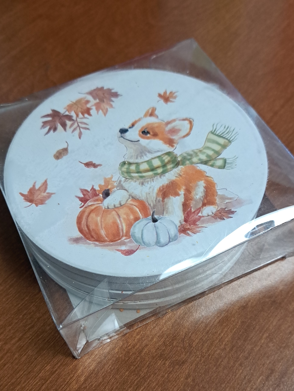 Cute Autumn Corgi Coaster Set - Orange & Cream Set 4